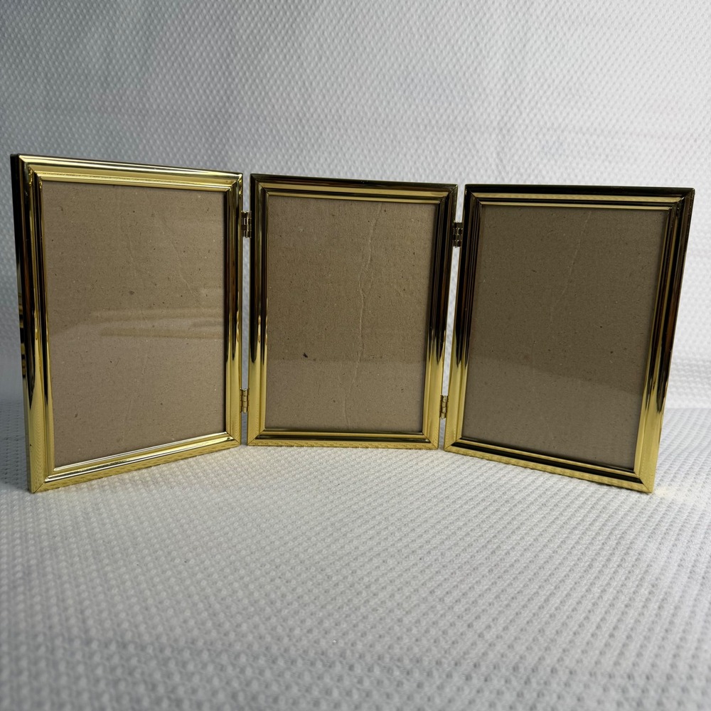 Fetco Gold Metal Triple Hinged Picture Frame Triptych 5x7 Vertical Tabletop Wall